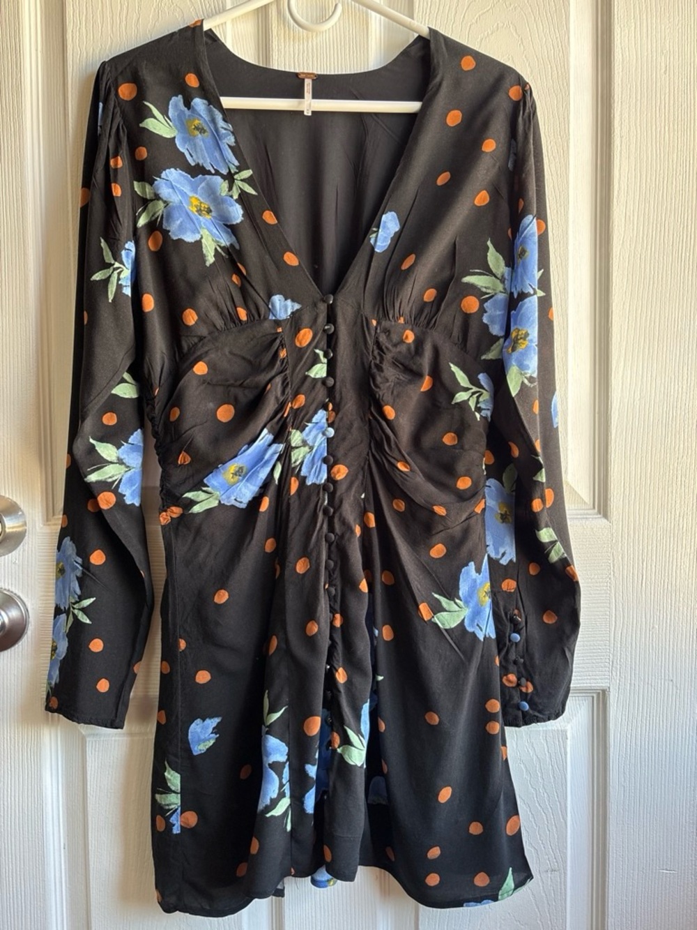 🪴Free People Black/Blue Floral Chiffon V-Neck Puff Sleeve Ruched Mini Dress M